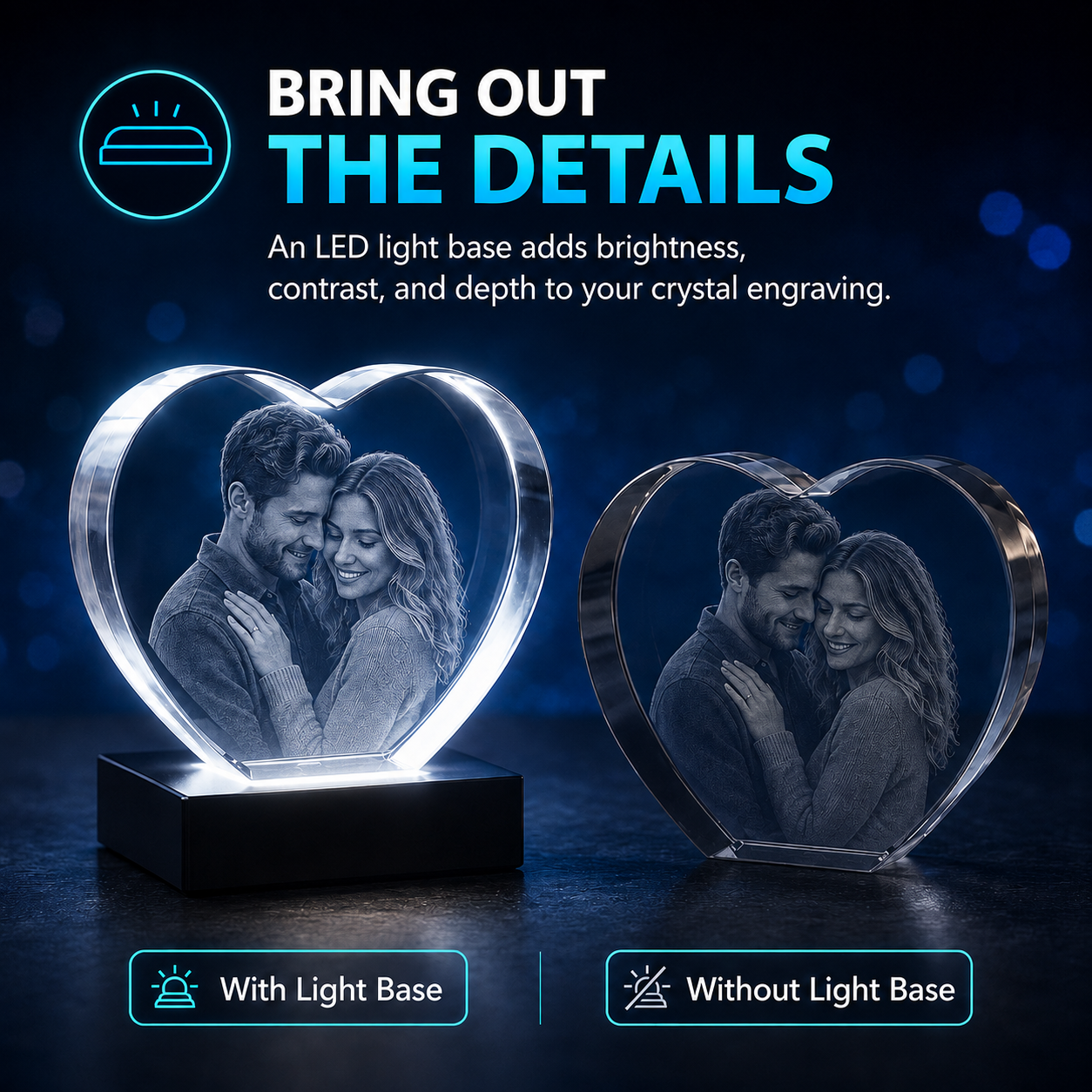 Comparison showing a photo crystal with and without an LED light base