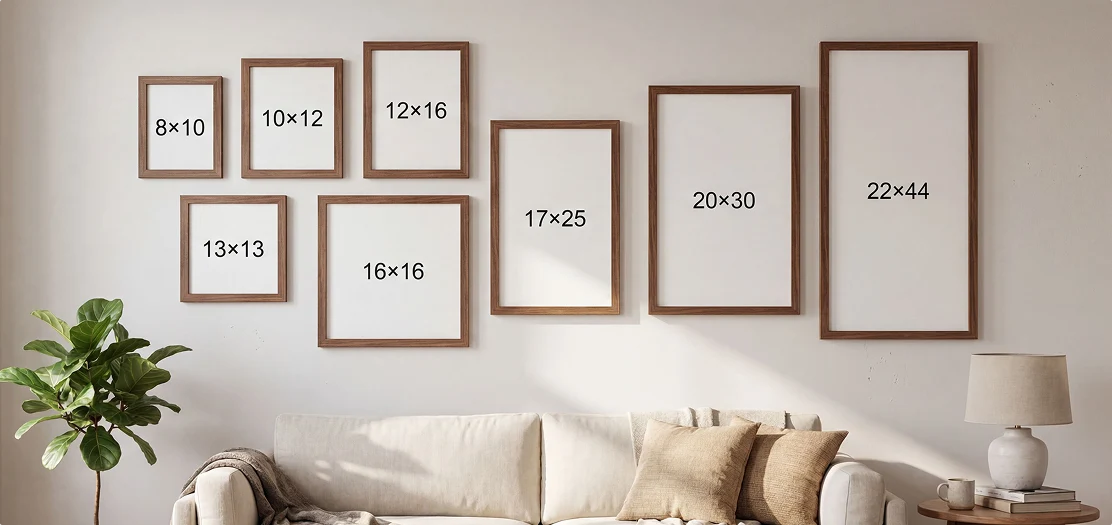 Photo frame size guide showing relative frame sizes in a room setting